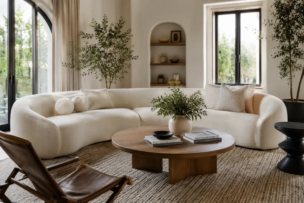 curved cream sofa in living room