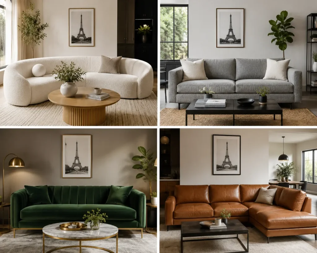 modern-sofa-design-ideas-collage Modern sofa color ideas and premium sofa materials for stylish living rooms